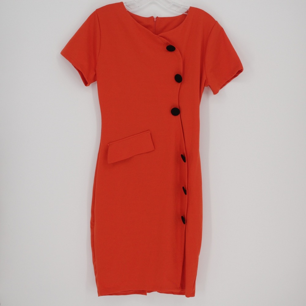 Women's Orange Retro Bodycon Button Front Short Sleeve Sheath Dress Size Large